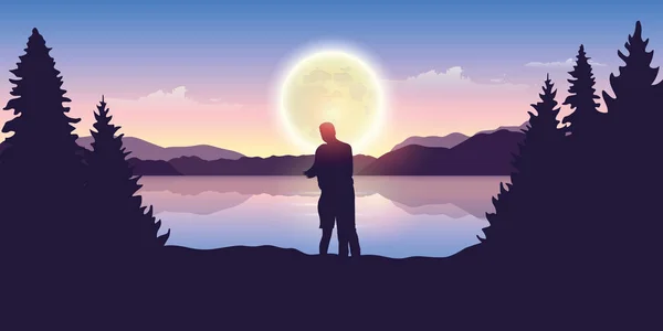 Junges Paar blickt zum Vollmond am schönen See — Stockvektor