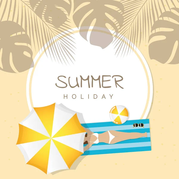 Летние каникулы дизайн девушка лежит на пляже под зонтиком и пальмой — стоковый вектор