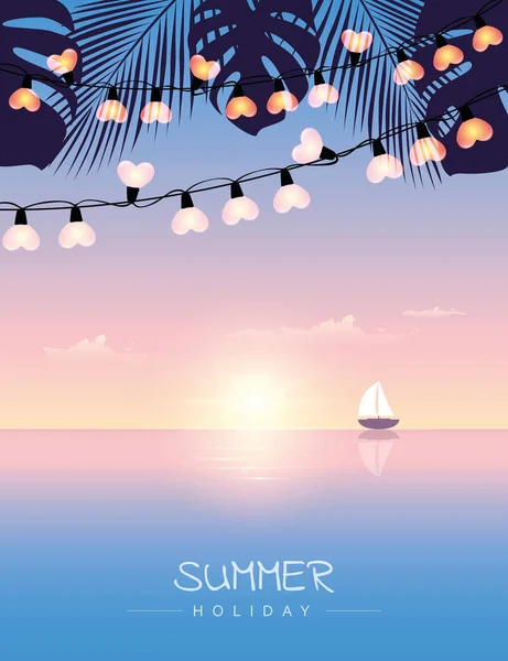 Summer holiday sail boat on the sea at sunset with palm leaves and fairy light — Stock vektor