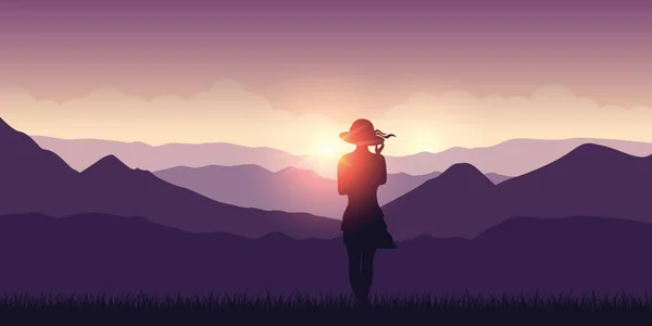 Cute young girl at sunset in the purple mountains — Stock Vector