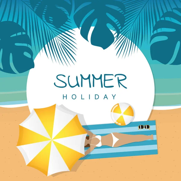Vacaciones de verano en la playa chica está tumbado bajo un paraguas — Archivo Imágenes Vectoriales