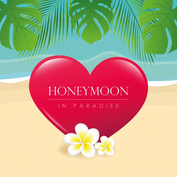 Luna de miel en el paraíso de diseño en la playa con hoja de palma — Vector de stock