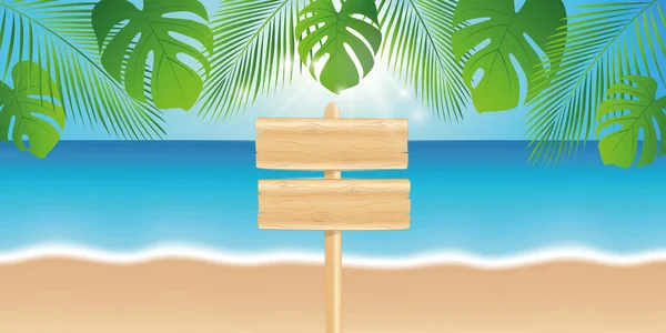Порожня дерев'яна табличка на красивому пляжі долонь — стоковий вектор