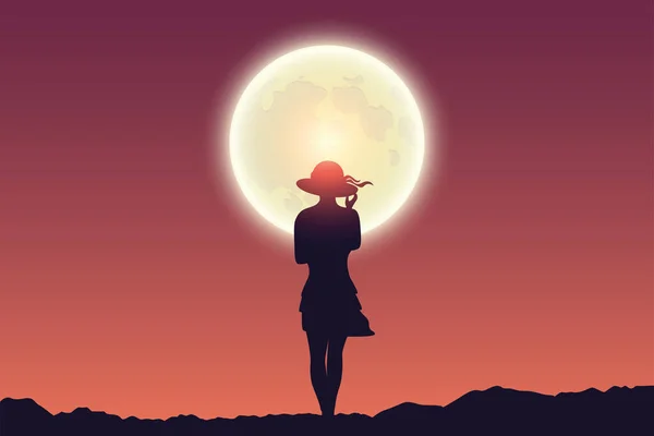 Young girl at full moon red sky landscape — ストックベクタ
