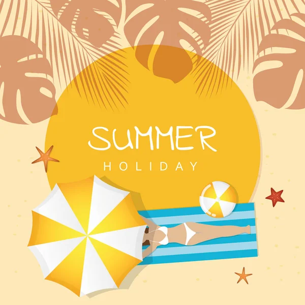 Yaz tatili tasarım kız bir şemsiye ve palmiye ağacı altında plajda yatıyor — Stok Vektör