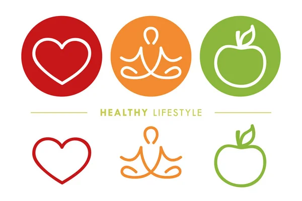 Ícones de estilo de vida saudável coração ioga e maçã — Vetor de Stock