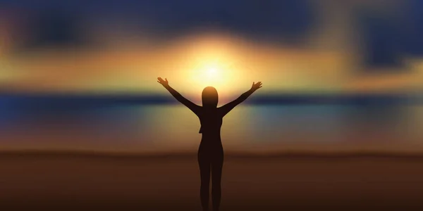 Boldog lány felemelt karokkal nézi a varázslatos naplementét a parton — Stock Vector