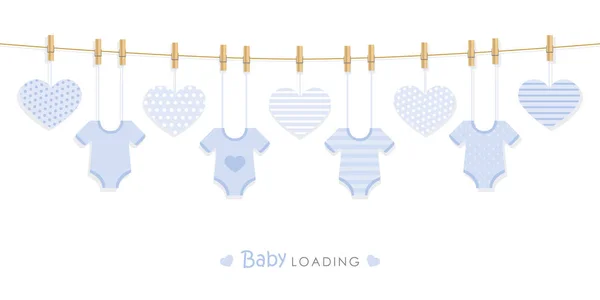 Baby shower welcome greeting card for childbirth with hanging bodysuits — Stock Vector