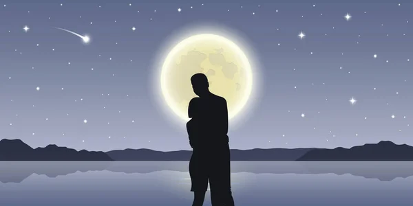 Pareja romántica noche en el amor en el mar con luna llena y estrellas que caen — Vector de stock