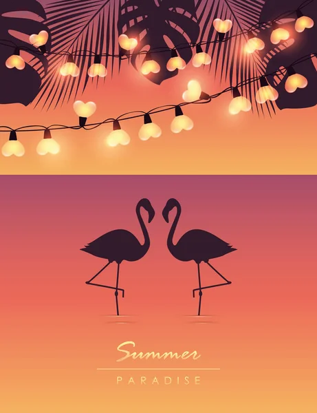 Verão tropical à beira-mar com luz de fadas flamingos e folhas de palmeira —  Vetores de Stock