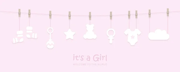 Its a girl welcome greeting card for childbirth with hanging baby utensils — Stock Vector