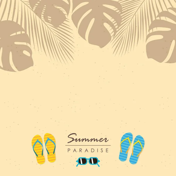 Verão férias praia design areia palma folhas óculos de sol e sandálias —  Vetores de Stock