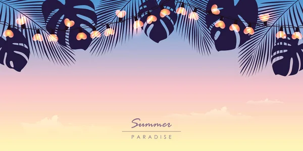 Fondo paraíso tropical de verano con luz de hadas y hojas de palma — Vector de stock