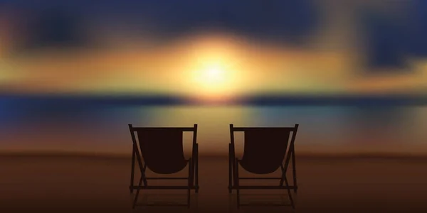 海滩上的两张躺椅，夕阳西下 — 图库矢量图片