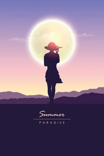 Young girl silhouette by full moon summer holiday design — Stock Vector