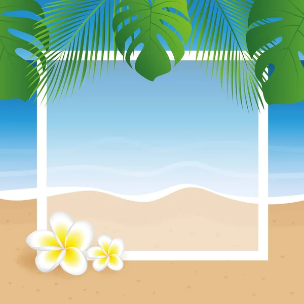 Літня святкова рамка на пальмовому пляжі з франгіпані тропічною квіткою — стоковий вектор