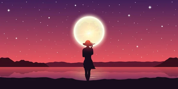 young girl by the lake with full moon and dramatic starry sky