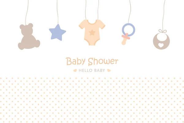 Baby-Dusche Willkommenskarte für die Geburt mit Hängeutensilien — Stockvektor
