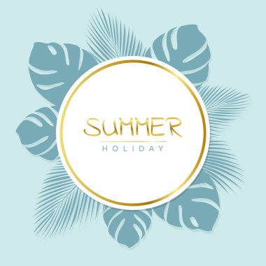 summer holiday special offer label on palm leaf with golden border