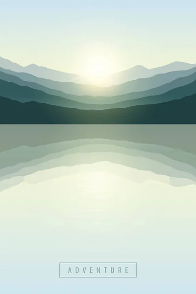 Beautiful sunrise by peaceful lake on mountain nature landscape — Stock Vector