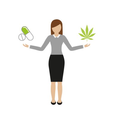 woman holds tablets in one and cannabis leaf in the other hand