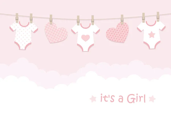 É um cartão de boas-vindas menina para o parto com corações pendurados e bodysuits — Vetor de Stock