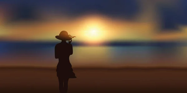 Menina bonita com chapéu de verão olhando para o pôr do sol mágico na praia — Vetor de Stock