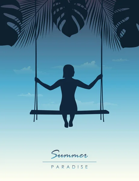 Verão paraíso menina em um balanço no céu azul palma fundo —  Vetores de Stock