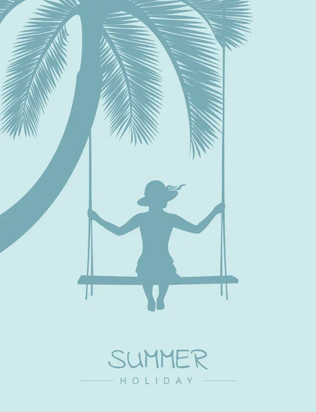 Chica en un columpio en vacaciones de verano fondo de palma tropical — Archivo Imágenes Vectoriales