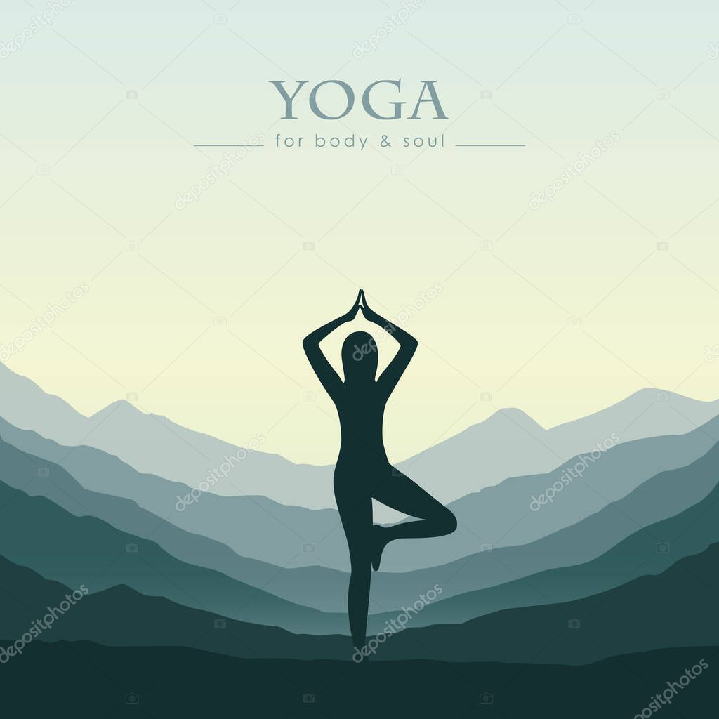 girl makes yoga on green mountain landscape
