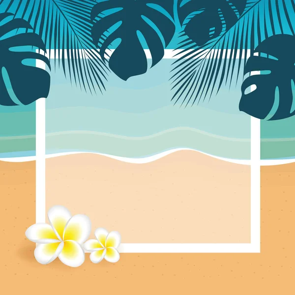 Літня святкова рамка на пальмовому пляжі з франгіпані тропічною квіткою — стоковий вектор