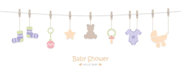 Baby shower welcome greeting card for childbirth with hanging utensils — Stock Vector