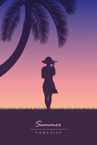 Ung flicka med hatt på sommaren semester tropisk palm bakgrund — Stock vektor