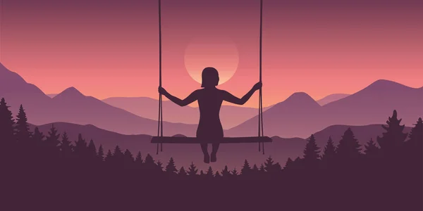 Girl on a swing at beautiful purple mountain and forest landscape with rising sun — Stockvektor