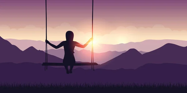 Girl on a swing purple mountains landscape at sunset — Stockový vektor