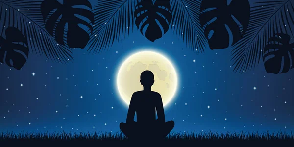 Person in meditation pose at night background with full moon and palm tree leaves — Stockvector