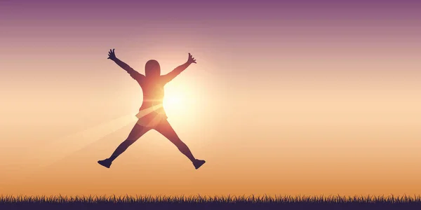 Щаслива дівчина з піднятими стрибками рук на сонці — стоковий вектор