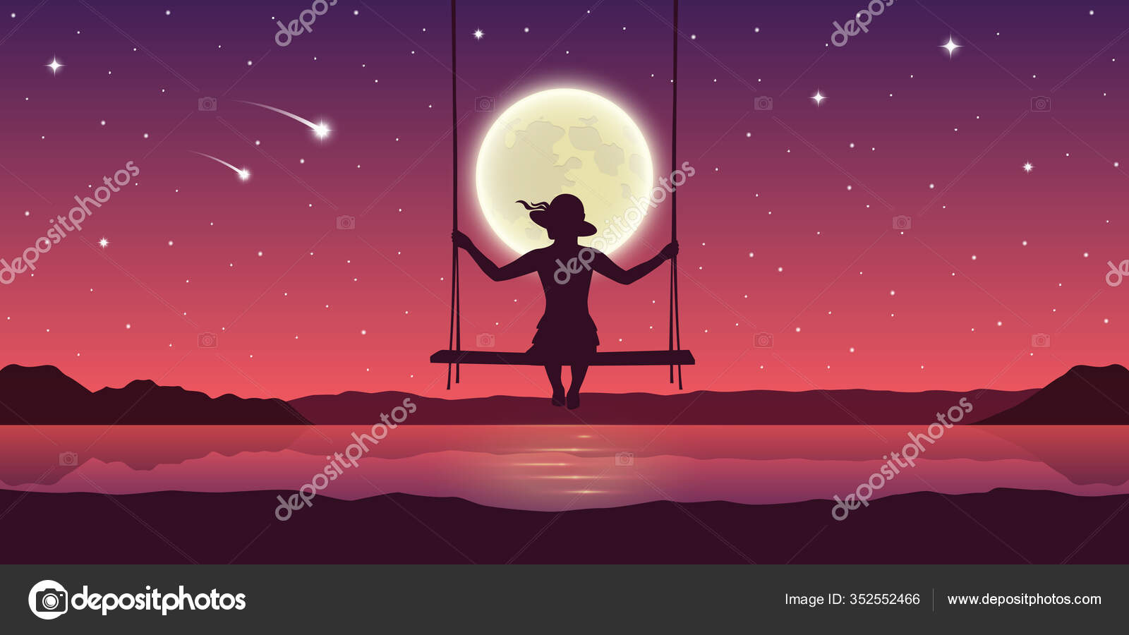 Chica en un columpio por el lago con luna llena y estrellas que