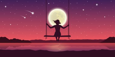 girl on a swing by the lake with full moon and falling stars