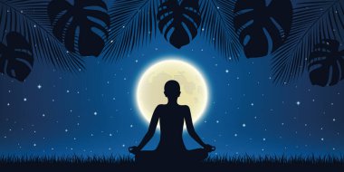 person in meditation pose at night background with full moon and palm tree leaves