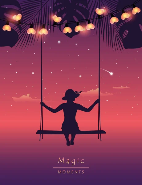 Girl on a swing by the ocean looking in the sky with falling stars — 图库矢量图片
