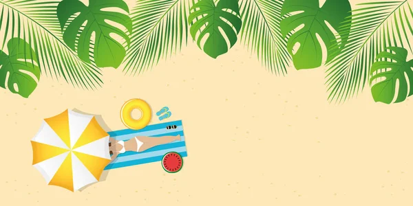Fille sur la plage sous parapluie vacances d'été design — Image vectorielle