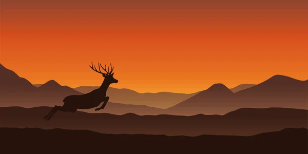 Jumping deer silhouette on mountain landscape in orange colors — Stockvector