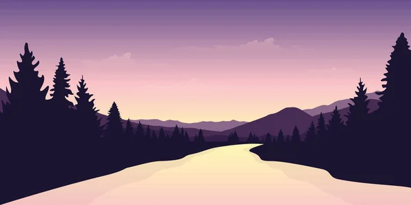 Beautiful big river in a forest at sunrise purple landscape — Stockvektor