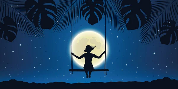 Ładna dziewczyna na huśtawce w nocy tło z pełnią księżyca i liści palmy — Wektor stockowy