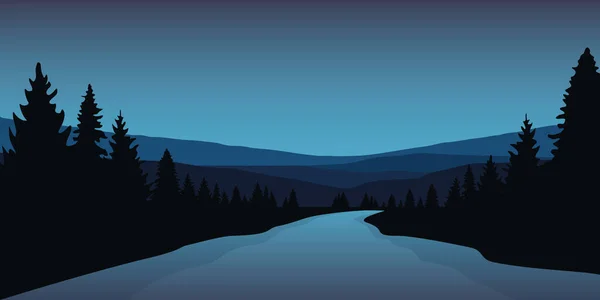 Hermoso río grande en un bosque azul paisaje de invierno — Vector de stock