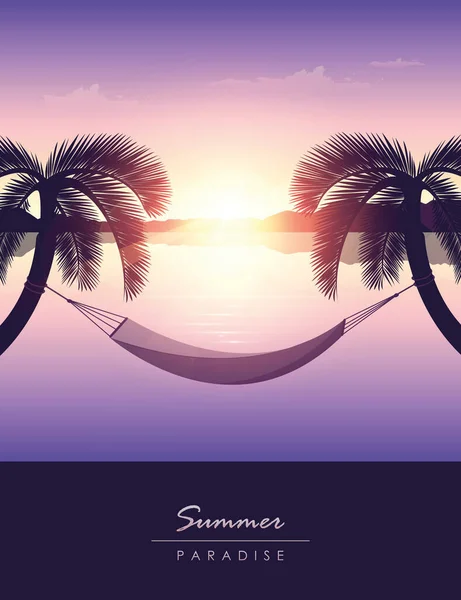 Hamac entre palmiers vacances d'été au coucher du soleil — Image vectorielle