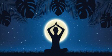 person in meditation pose at night background with full moon and palm tree leaves