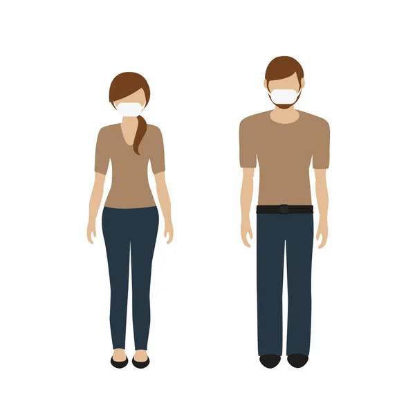 Hombre y mujer con protección bucal aislados sobre fondo blanco — Vector de stock