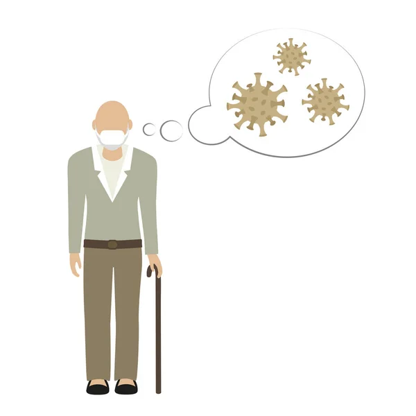 Vieux personnage grand-père avec protège-dents penser au virus — Image vectorielle